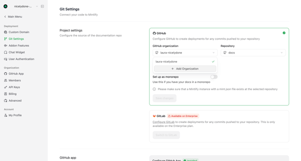 Git Settings - Mintlify screen