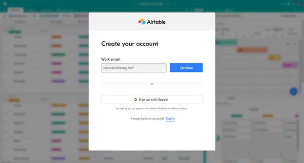Sign up - Airtable screen