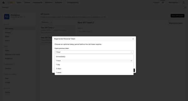 API Tokens - Settings - Axiom screen