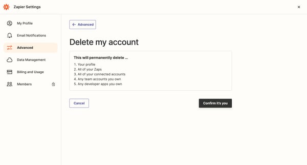 Delete Account | Zapier screen
