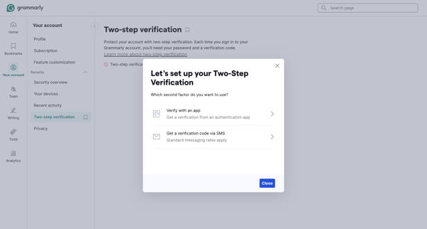 Account | Grammarly screen