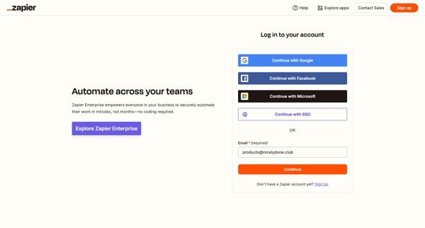 Login | Zapier screen