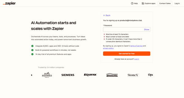 Sign up | Zapier screen