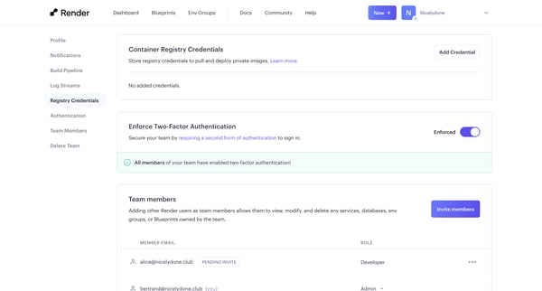 Team Settings ・ Render Dashboard screen