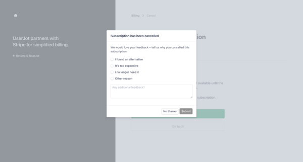 Cancel subscription | UserJot Billing screen