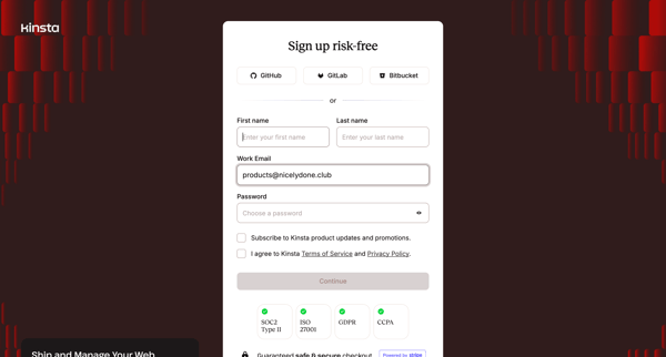 Sign Up | Try Kinsta for Free screen