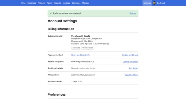 Settings – nicelydone – Harvest screen