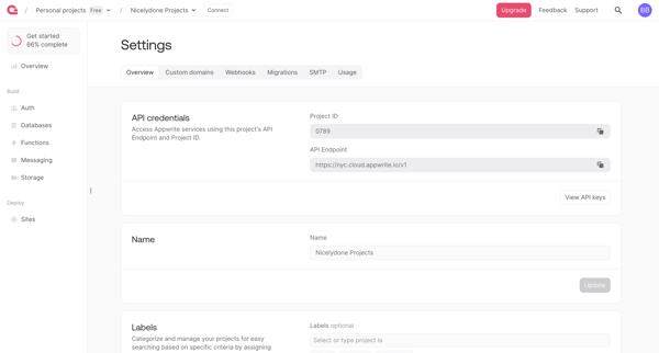 Settings - Appwrite screen