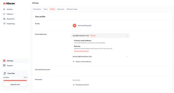 Profile Settings | Macaw screen