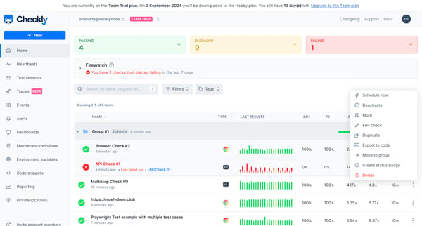 Dashboard from Checkly