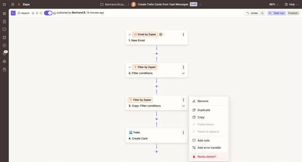 Create Trello Cards from Task Messages | Zapier screen