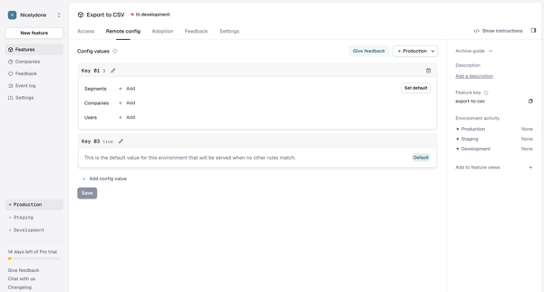 Feature › Export to CSV › Remote config screen