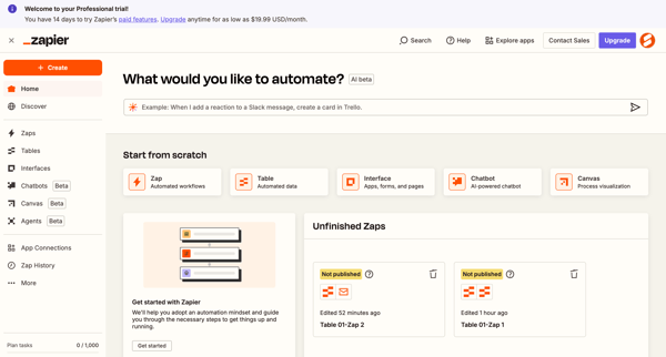 Home | Zapier screen