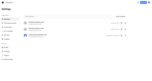 Settings - Nicelydone - Braintrust screen