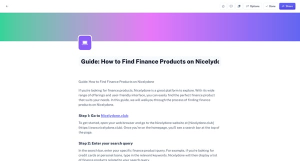 Guide How to Find Finance Products on Nicelydone | Scribe screen