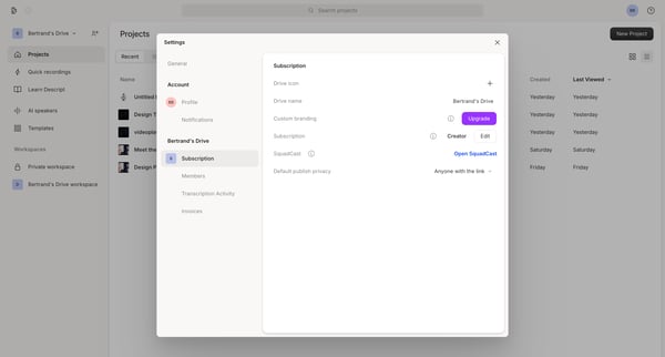 Subscription | Descript screen