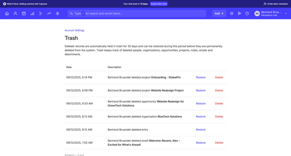 Trash | Nicelydone club CRM screen