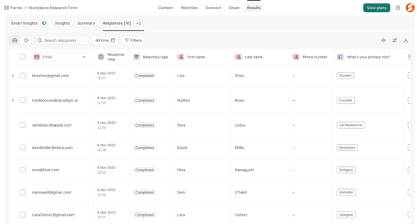 Typeform - Results Table screen