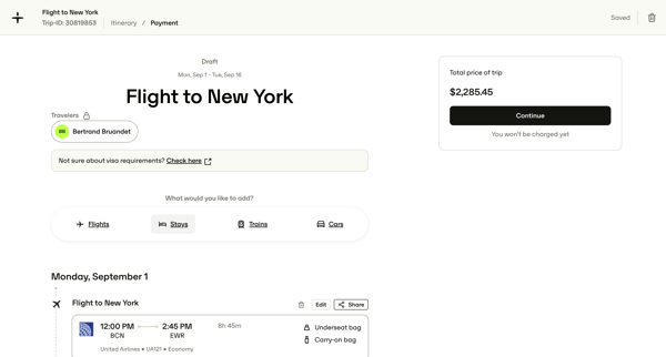 Flight to New York — TravelPerk screen