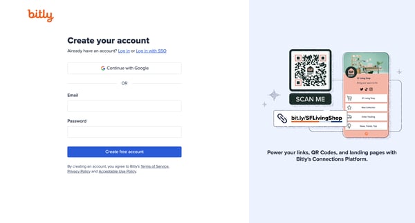 Sign up for the Bitly Connections Platform screen