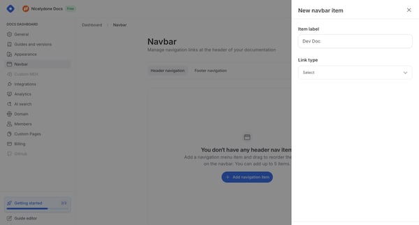 Docs Dashboard - Navbar screen