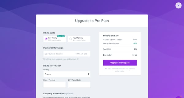 Upgrade Workspace screen