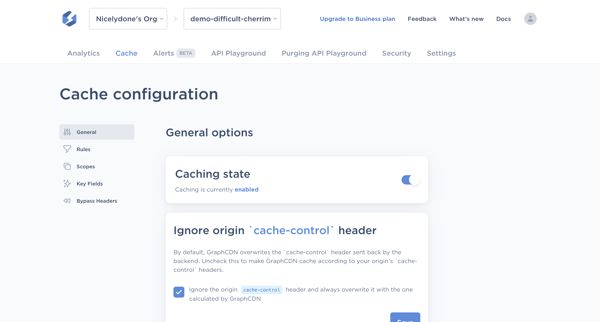 demo-difficult-cherrim Advanced Cache Settings – GraphCDN screen