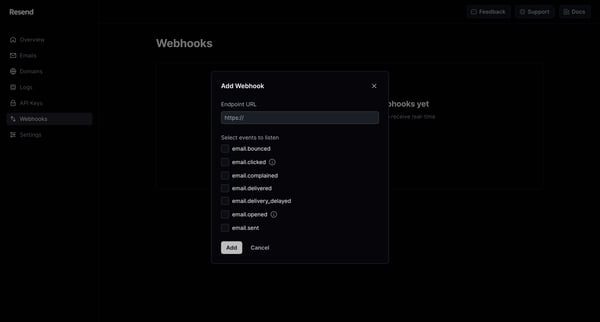 Webhooks · Resend screen