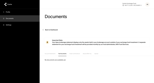 Cache – Documents screen