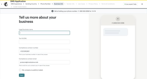 Tell us more about your business - SMS Channel Setup | Mailchimp screen