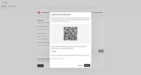 Account settings from Campsite