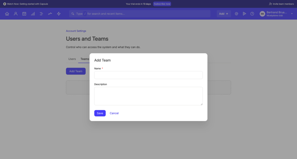 Teams | Nicelydone club CRM screen