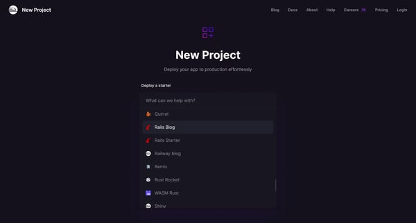 New project screen