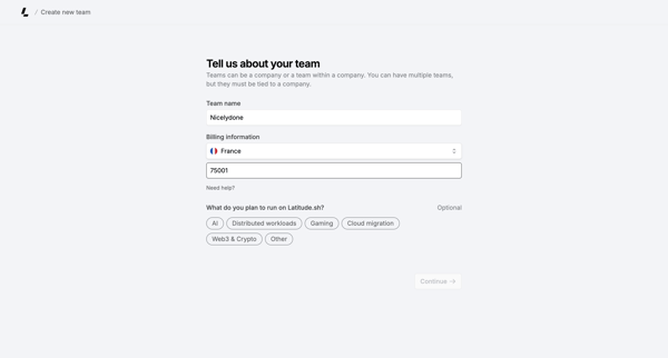 Create Team – Dashboard - Latitude.sh screen