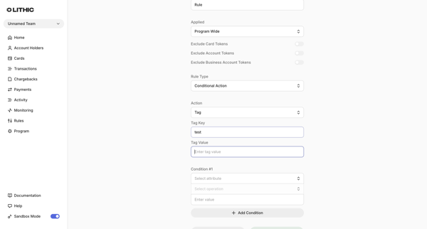 Lithic - Create Monitoring Rule screen