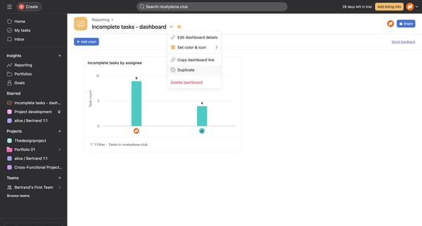 Incomplete tasks - dashboard - Asana screen