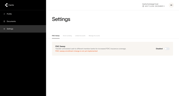 Cache – Settings screen