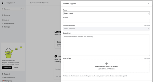 Contact support – Dashboard - Latitude.sh screen