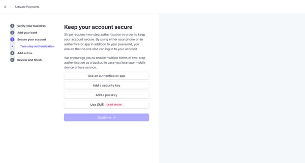 Activate your account – New Business – Stripe screen