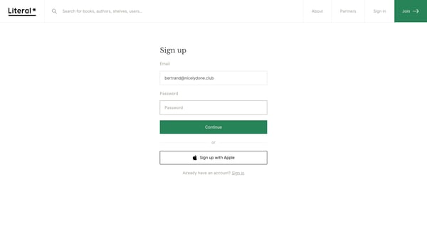 Sign up | Literal screen