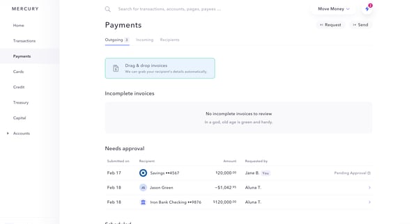 Mercury | Banking for startups screen