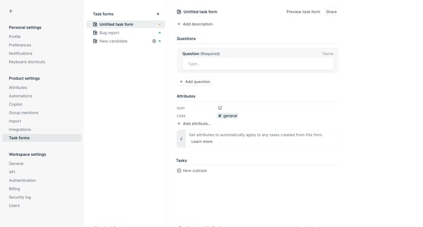 Task forms - Settings - Height screen