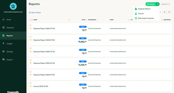 Expensify - Reports screen