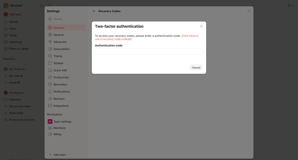Recovery Codes – Settings – Todoist screen