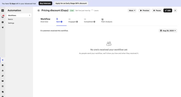 Workflows | Nicelydone Intercom screen