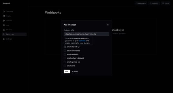 Webhooks · Resend screen