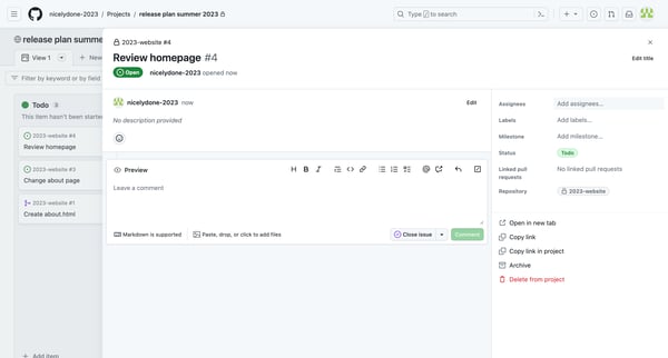 Review homepage · release plan summer 2023 screen