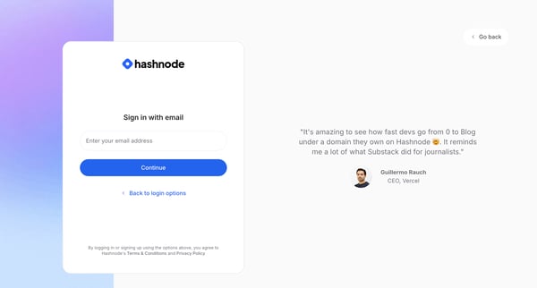 Sign in to Hashnode screen