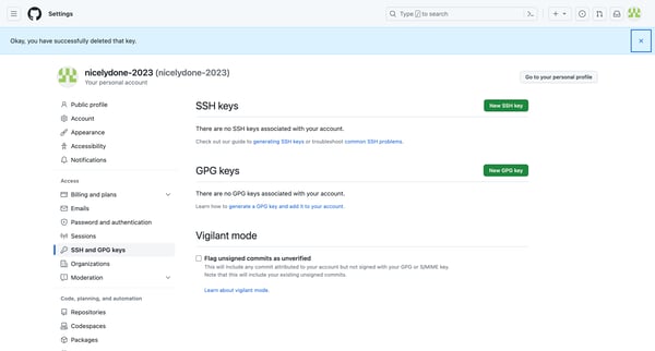 SSH and GPG keys screen
