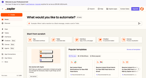Home | Zapier screen